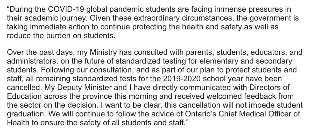 BREAKING EQAO Assessments: Given the school closure period &amp; other uncertainties the Ministry of Education will be cancelling #EQAO assessments for the remainder of this school year. More info will be posted to #LDSB website tomorrow. See Minister’s statement:  👇#COVID19