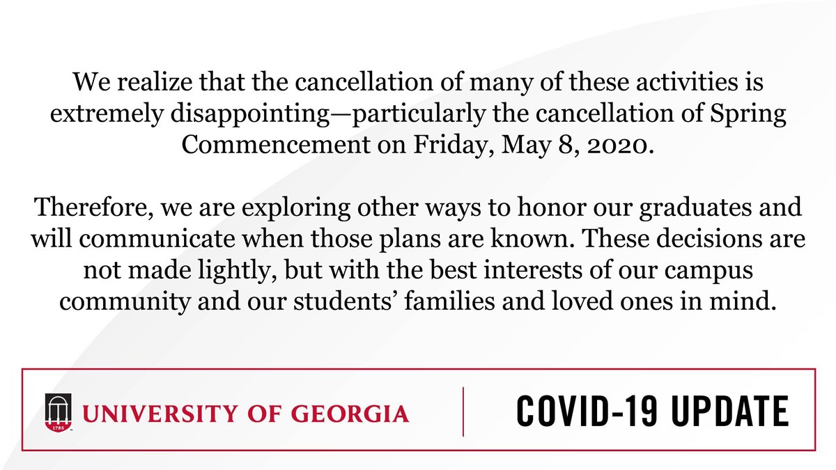 universityofga's tweet photo. #UGA20 you will still be able to graduate, consistent with academic standards https://t.co/8WndkX5lad