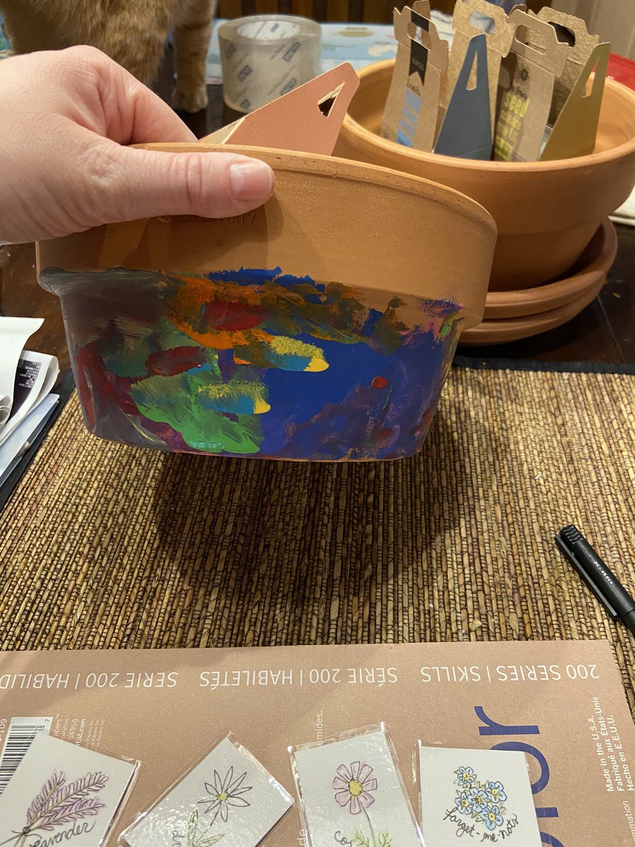 mrswazhere's tweet photo. Dash and I are making a little flower pot #garden for him tomorrow. He painted the pot, I broke out my colored pencils to draw some plant stakes. Then he colored his garden; clearly he has a lot of faith in how things are going to go 😂🌸🌼 #3yearold #dashwaz #dashattack https://t.co/QSUnaTsPI4