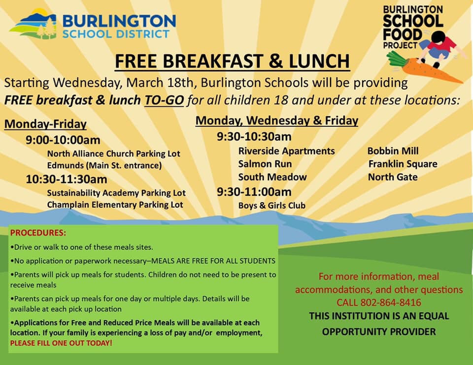 BTVSchools's tweet photo. Free meals for children in #btv. Please share widely. Shout out to our @bsfp802 team and many partners (who will be listed on our website tomorrow) for pulling this together so quickly. #bsdvt #jointhejourney #vted #vt https://t.co/p3JTYPLcMo