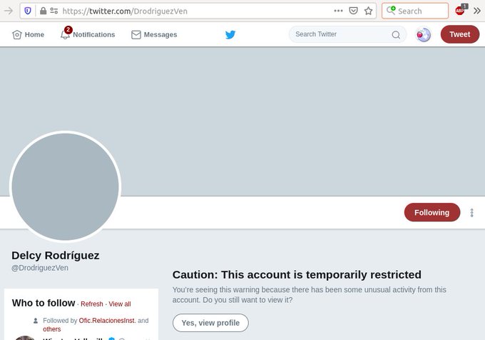 Twitter ha restringido la cuenta de la vicepresidenta ejecutiva Delcy Rodríguez (<a href="/DrodriguezVen/">Delcy Rodríguez</a>) en esta red social. No es la primera vez que la empresa toma esta medida injustificada contra funcionarios públicos del gobierno de Venezuela.