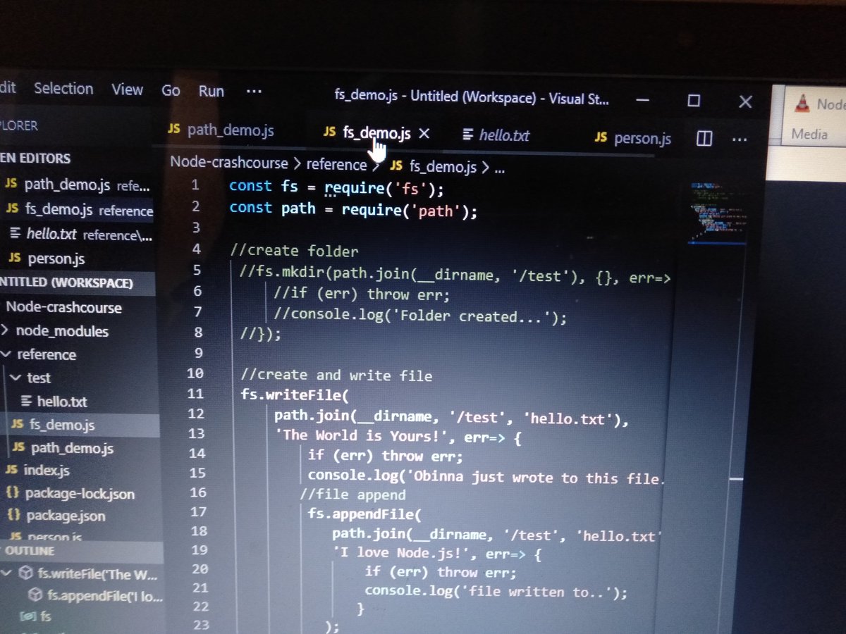 TabithaKavyu's tweet photo. Day 29 of #100DaysOfCode.
I decided to take a Node.js crash course by @traversymedia. Today I am learning the many things I can do with files using the Fs module. 
From creating a directory, writing, appending, reading and renaming a file. 😎 https://t.co/RbNlub1Bpp