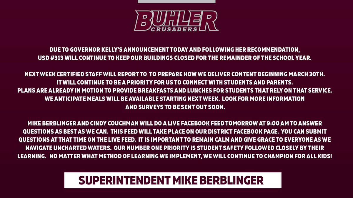Statement from USD 313 Superintendent Mike Berblinger &amp; Cindy Couchman ⬎

More info and continued updates here: usd313.org/apps/news/