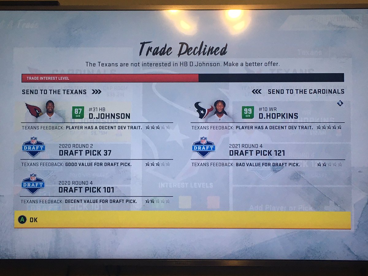 WeslCakes's tweet photo. @HoustonTexans Even Madden knows that was a bad trade 🤔 #HopkinsTrade https://t.co/p4MMsGI3xP