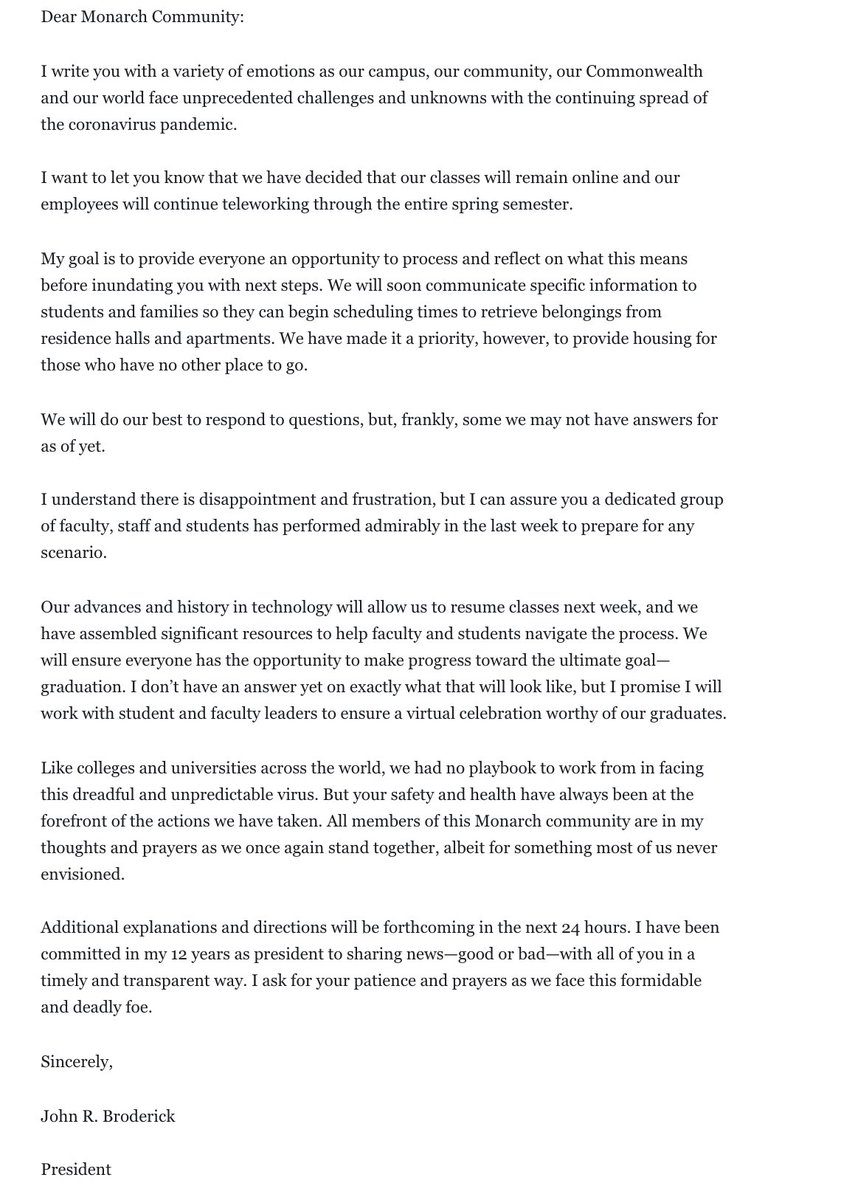 ODU's tweet photo. Letter from President John R. Broderick: Classes will remain online and our employees will continue teleworking through the entire spring semester. #ODU https://t.co/z6f9xdvgWj