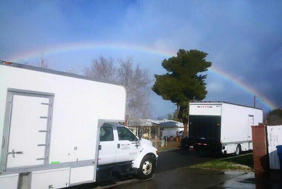 AvonRents's tweet photo. ☘️St. Patrick’s Day vibes over these Avons. 🌈 #avonrents
.
.
.
.
.
#avontranspo #sky #inspo #photography #stpatricksday #cameracargo #rainbow #studio #transportation #production #photo #truckrental #setlife #behindthescenes #filmla #filmcrew #setlifela #worklife #crew #basecamp https://t.co/f3Nlr5dBn7