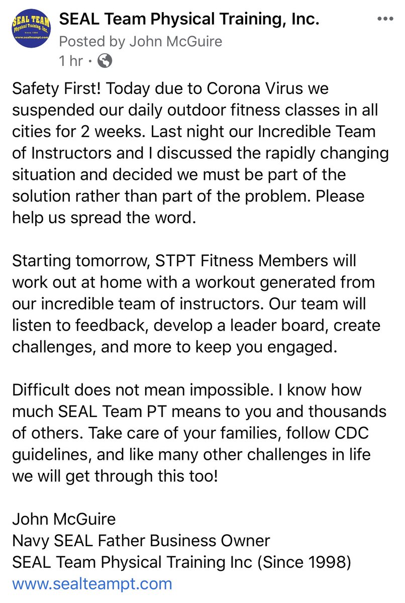 Small businesses are being impacted by COVIC-19. Be part of the solution not part of the problem.  Today my small business suspended our daily outdoor fitness classes in all cities for 2 wks.  Take care of your families, follow CDC guidelines, &amp; we will get through this! #USA