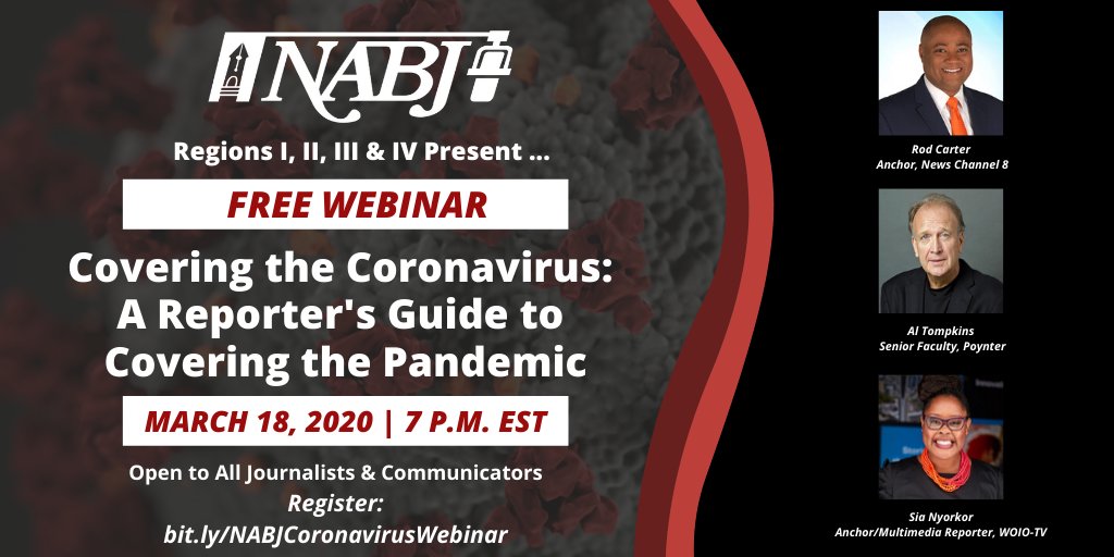 NABJ's tweet photo. #NABJ wants ALL journalists equipped &amp; empowered to cover #coronavirus. Our #NABJCoveringCorona webinar is open to all #journos for free. Join us 3/18 7 pm ET here: https://t.co/POkW1ORE5h

@RTDNA @womenjournos @NAHJ @aaja @spj_tweets
@ONA @nlgja @najournalists @NNPA_BlackPress https://t.co/yiwWPjy7eB