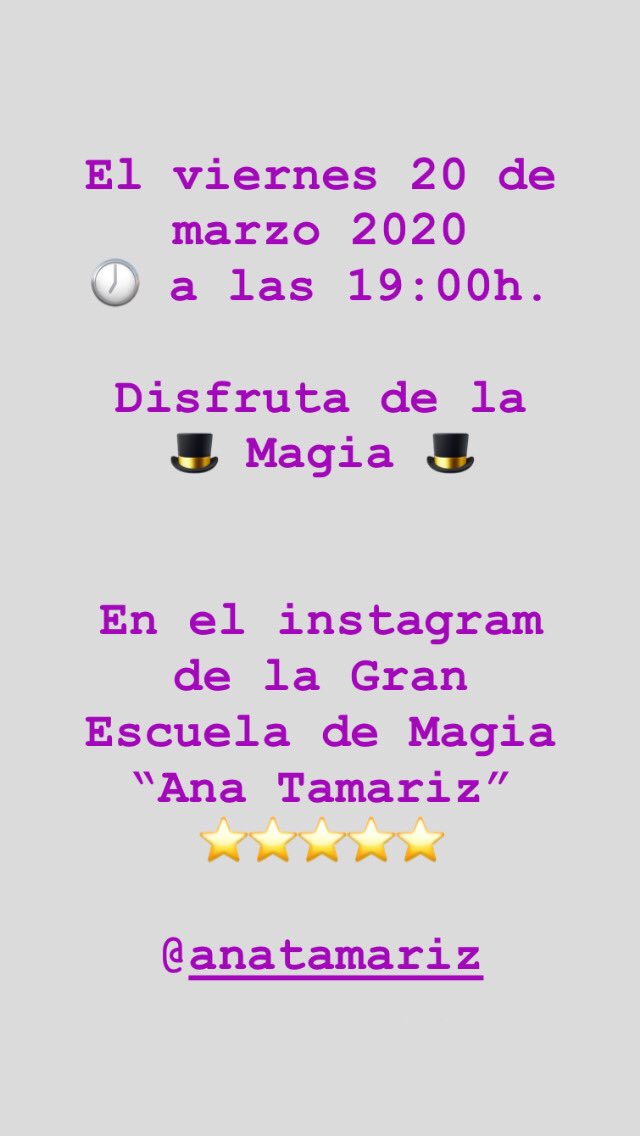 Magia interactiva, desde la cuenta de IG de La Gran Escuela de Magia “Ana Tamariz”  

@ anatamariz

viernes 20 marzo, 19:00h. 

Traspasaremos la pantalla para llevar la Magia de Alta Calidad a tu casa, donde ocurrirán milagros laicos✨
#Magia #MagiaInteractiva #MagiaDeAltaCalidad