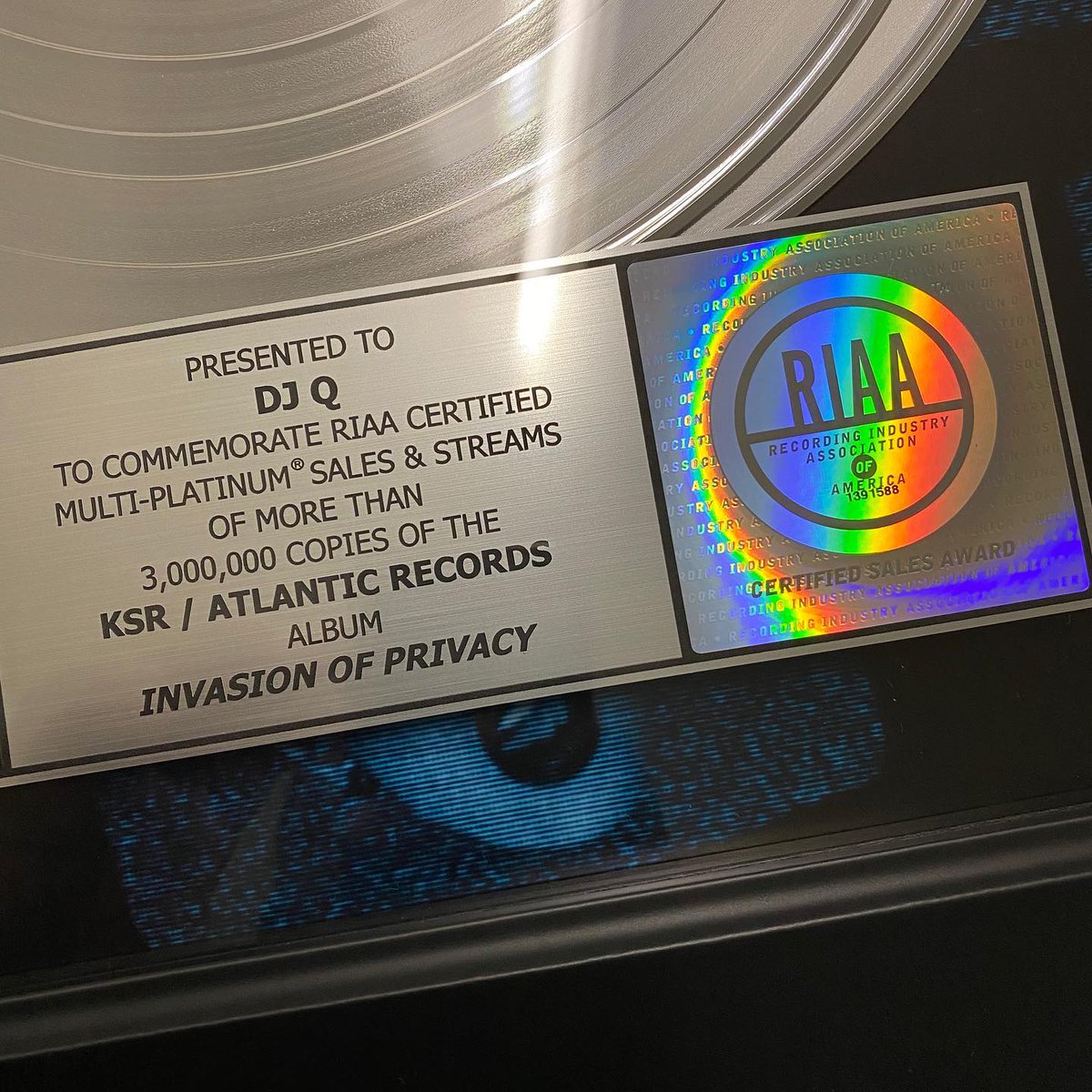 Super proud of MY DJ, DJ Q @djqmemphis - Another platinum plaque to the collection...shout out to <a href="/iamcardib/">Cardi B</a>