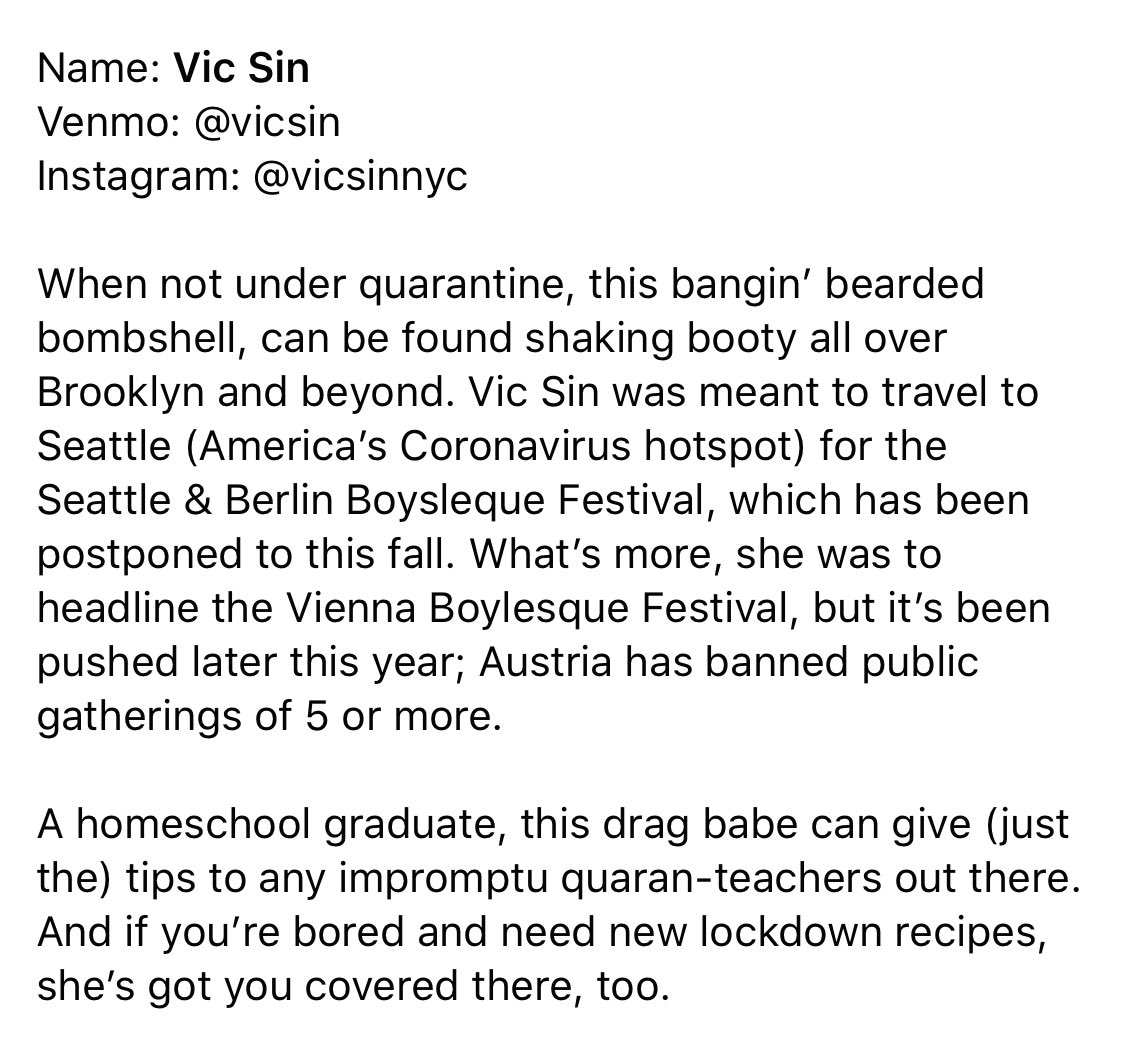 Each day I work from home, I’ll profile a drag performer who’s lost income/gigs to COVID-19. Please send even a couple bucks to Vic Sin’s Venmo: vicsin.

Those of us who continue to earn income w/ no way to spend it can throw a couple bucks a day to artists in need. #WerqFromHome