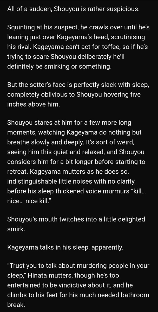 Somniloquy by emlee_j https://archiveofourown.org/works/22369423 -1/1-kagehina-kageyama talks in his sleep, hinata finds out-so so sweet-i love the way it's written