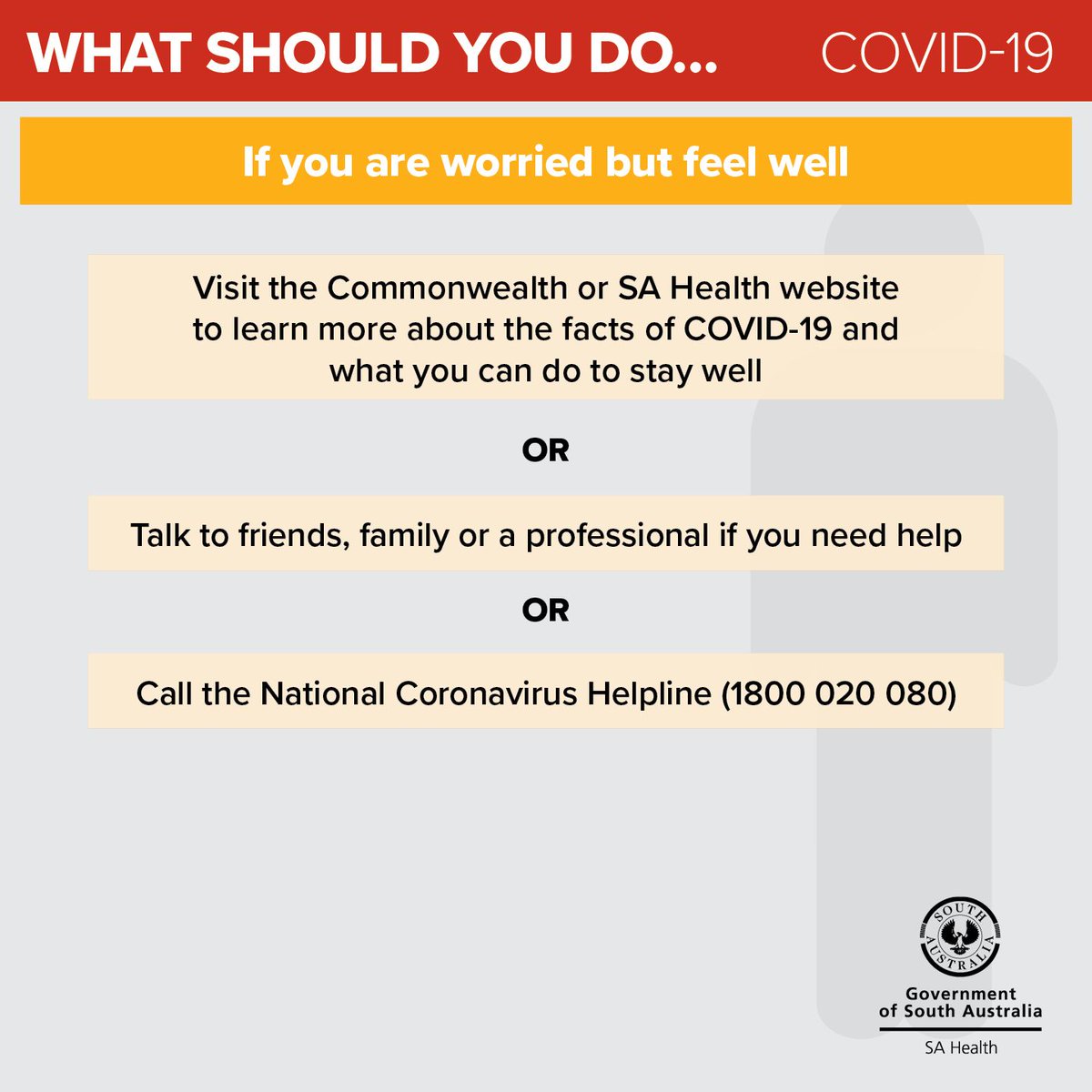 SAHealth's tweet photo. Depending on your personal circumstances there will be steps that you have to take to ensure you are managing your health and the health of others. The state of our public health depends on the cooperation of everyone in the community. Find more info at: https://t.co/e4B14lR2Vd https://t.co/bAAlEeLxko