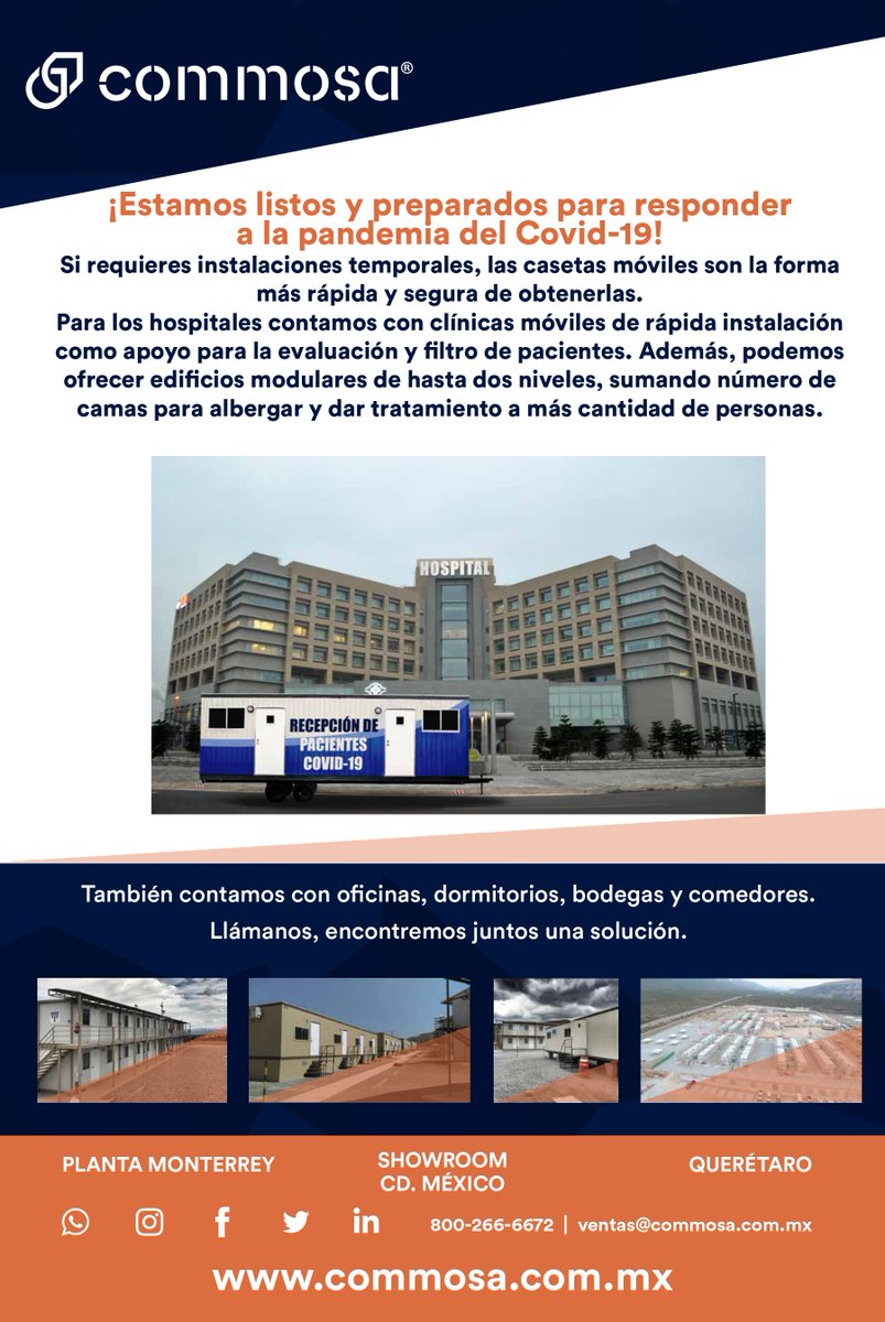 CommosaOficial's tweet photo. Debido a la contingencia que prevalece en la mayoría de los países, derivado del COVID-19, la necesidad de espacios para atención médica se hace más grande. En #Commosa somos líderes en la construcción de espacios móviles. Llámanos, encontremos juntos una solución. https://t.co/ad9cQRpEyQ