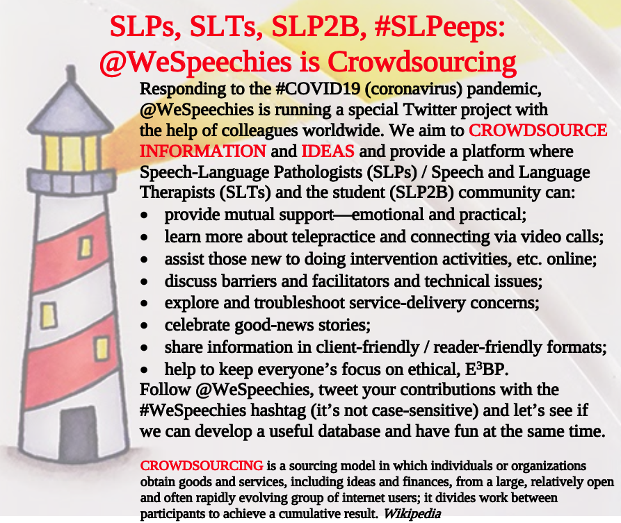 wespeechies's tweet photo. Follow @WeSpeechies, #SLPeeps, tweet your contributions with the #WeSpeechies tag (it’s not case-sensitive) and let’s see if we can develop a useful database around SLP/SLT/SLP2B and #COVID19, having fun at the same time. @ASHAWeb @IASLT @NZSTAComms @RCSLT @SAC_OAC @SpeechPathAus https://t.co/UUHga60gUx