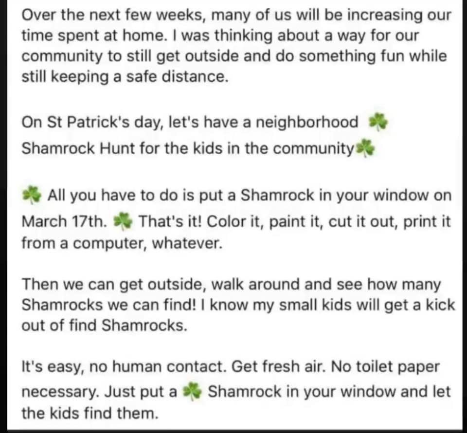 courtsteelman's tweet photo. @TheEllenShow &amp; @andylassner: My neighborhood community (in @BlueSpringsGov, MO) came together to help make the #BestNewsEver for kids out of school on #StPatricksDay. A simple morning post turned into a (now) weeklong ☘️ Scavenger Hunt in our streets! Perfect #SocialDistancing! https://t.co/evu4tHivAG