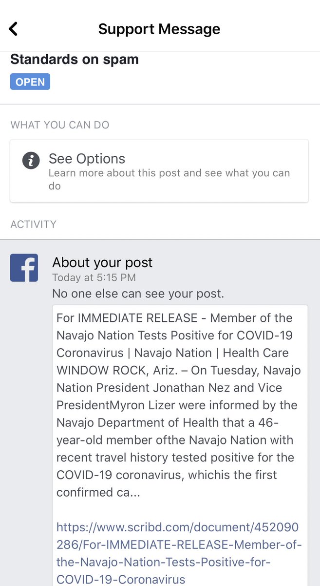 jfkeeler's tweet image. So, FB just deemed my post sharing the Navajo Nation press release on their first COVID-19 case as “not meeting Community Standards.”

#AlgorithmFail?
