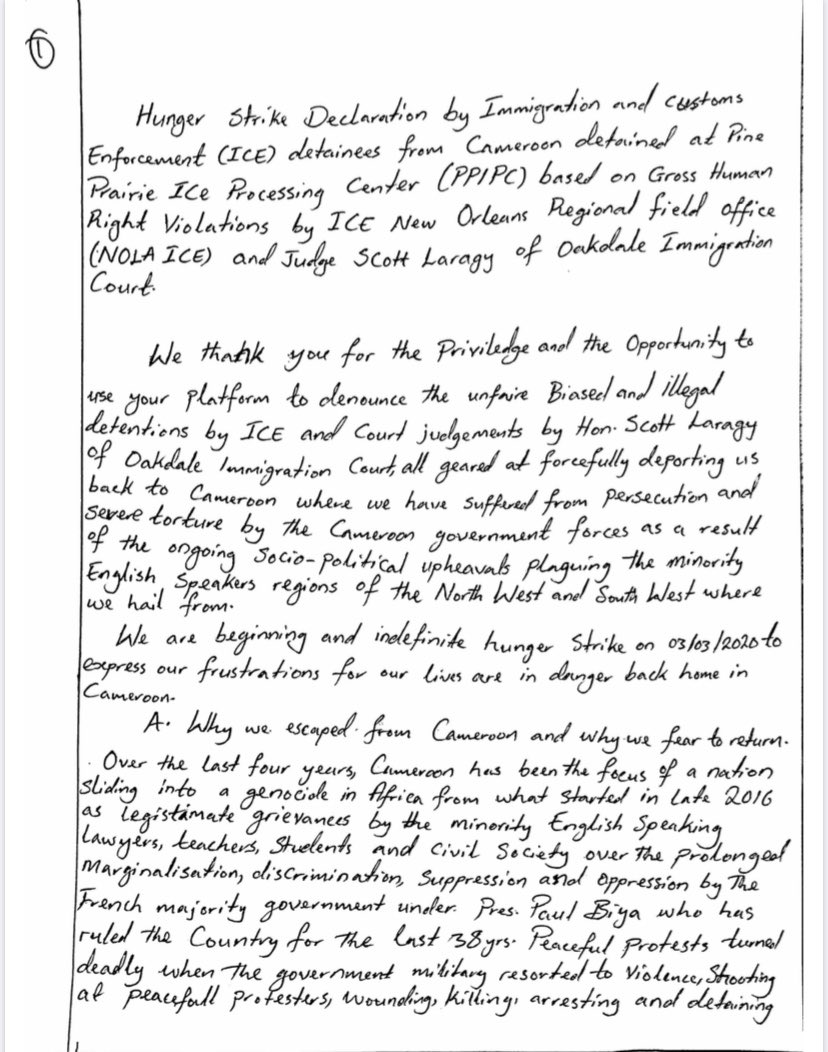 joepenney's tweet image. 43 Cameroonians are on a hunger strike now at the Pine Prairie ICE Processing Center in Louisiana. They are demanding an end to biased and illegal efforts by DHS and immigration judge Scott Laragy to get them deported, and managed to send out a handwritten letter of appeal: