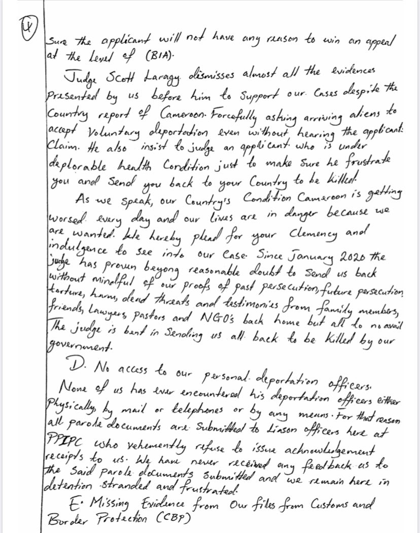 joepenney's tweet image. 43 Cameroonians are on a hunger strike now at the Pine Prairie ICE Processing Center in Louisiana. They are demanding an end to biased and illegal efforts by DHS and immigration judge Scott Laragy to get them deported, and managed to send out a handwritten letter of appeal: