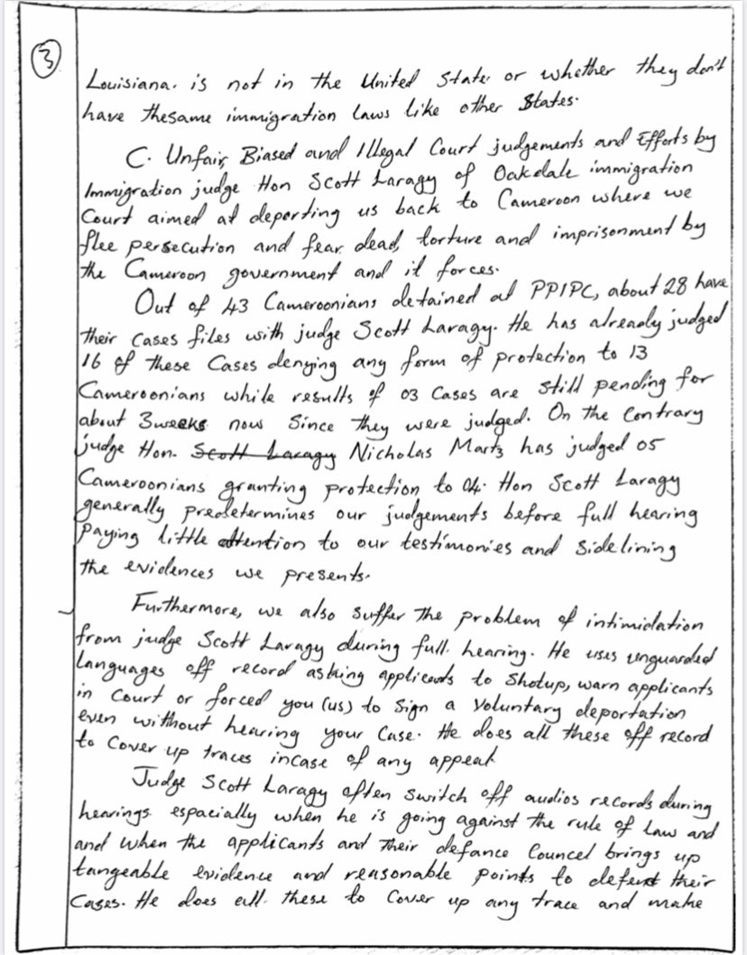 joepenney's tweet image. 43 Cameroonians are on a hunger strike now at the Pine Prairie ICE Processing Center in Louisiana. They are demanding an end to biased and illegal efforts by DHS and immigration judge Scott Laragy to get them deported, and managed to send out a handwritten letter of appeal: