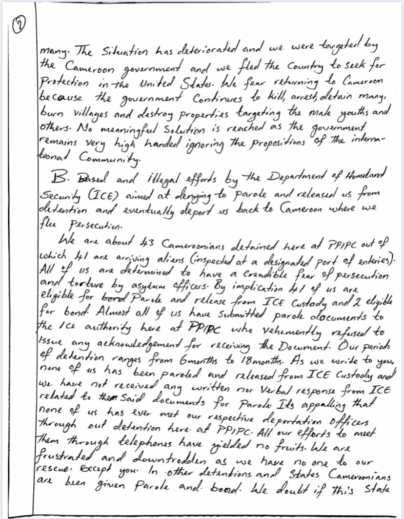 joepenney's tweet image. 43 Cameroonians are on a hunger strike now at the Pine Prairie ICE Processing Center in Louisiana. They are demanding an end to biased and illegal efforts by DHS and immigration judge Scott Laragy to get them deported, and managed to send out a handwritten letter of appeal: