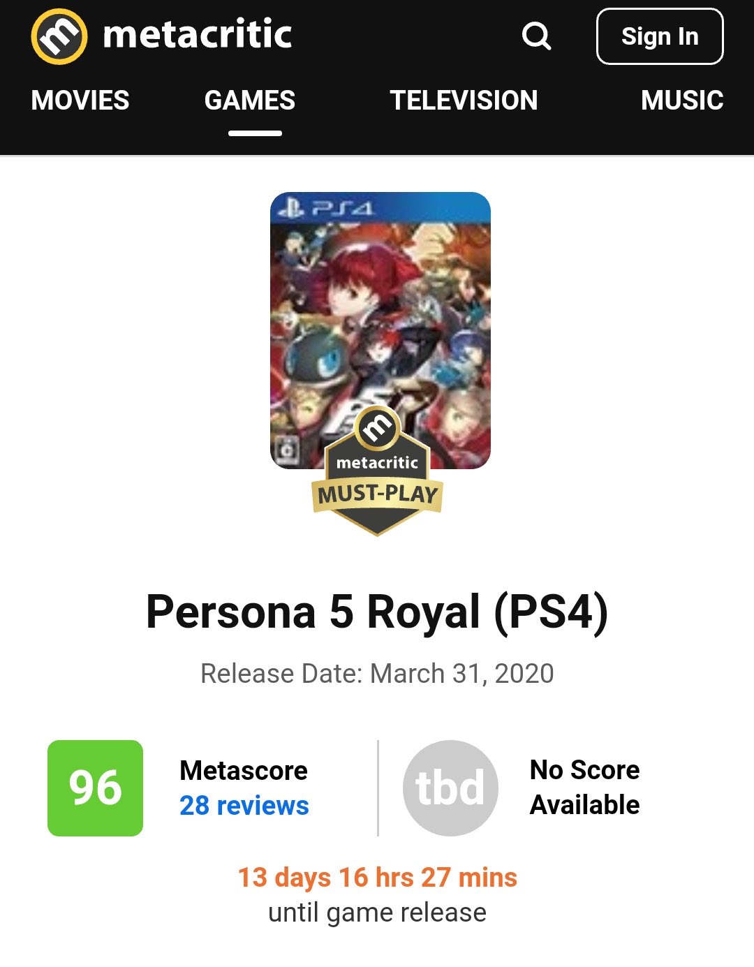 Hunter 🎮 on X: PlayStation exclusive Persona 5 Royal got a 96% on  Metacritic. It's the highest rated game of the year. It's also in the Top  30 highest rated games of
