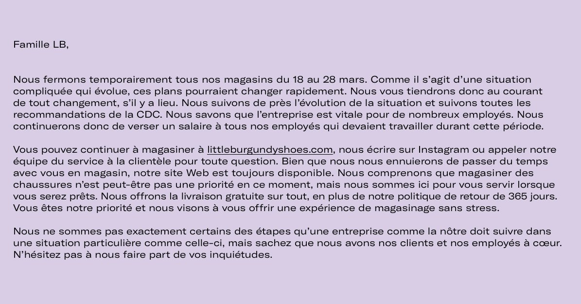 Un message concernant la COVID-19

Prenez soin de vous!
 
L’équipe LB,
 
Sans frais : 1 800 292-0068
Instagram : <a href="/LittleBurgundy/">Little Burgundy</a>