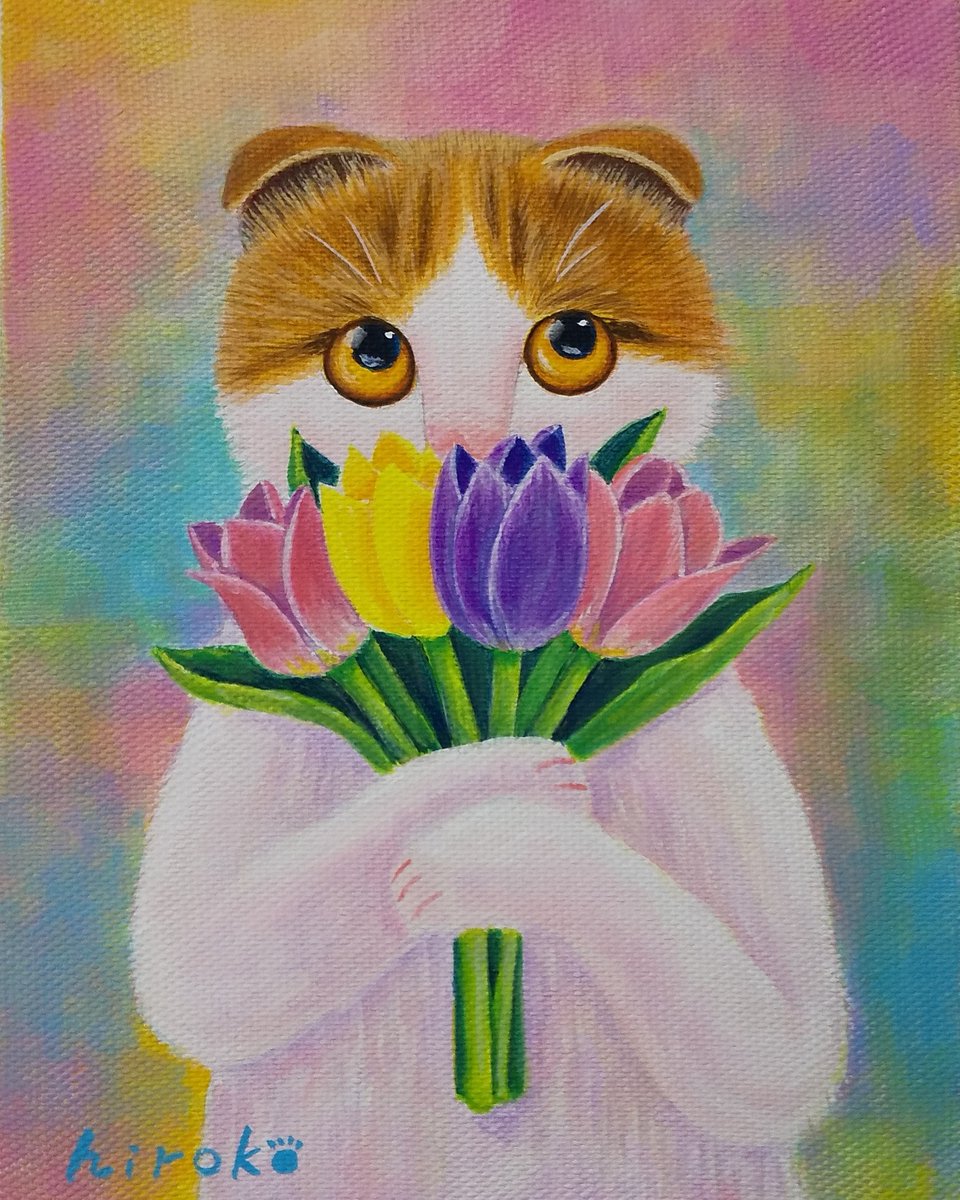 しっぽアート のまひろこ V Twitter チューリップにゃんこ 春だねぇ チューリップ 猫の絵 アクリル画 絵画 イラスト 猫 スコティッシュ しっぽアート のまひろこ V Twitter チューリップにゃんこ 春だねぇ チューリップ 猫の絵 アクリル画 絵画 イラスト 猫 スコティッシュ