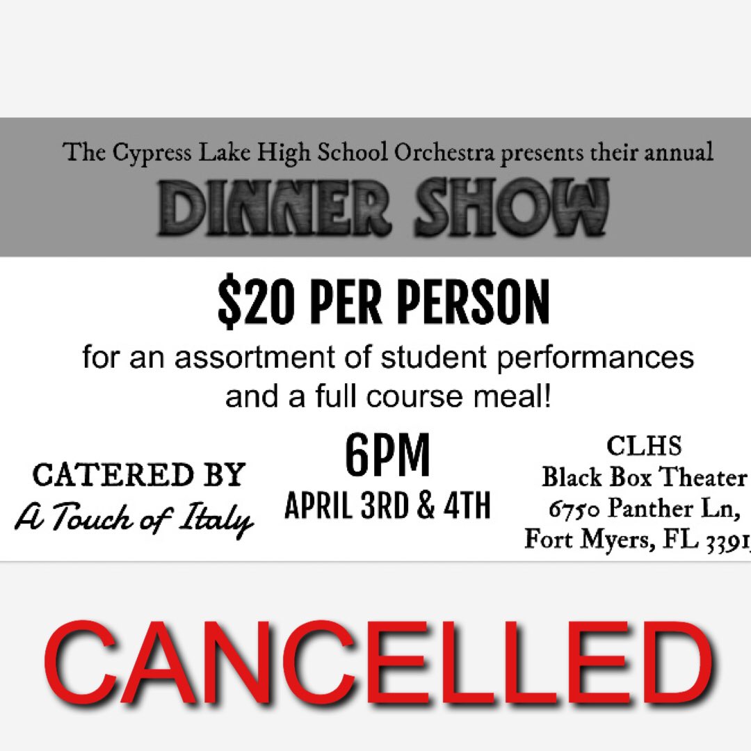 CypressStrings's tweet image. Out of an abundance of caution, our 2020 Dinner Show set to take place on April 3rd and 4th has been cancelled. Students and parents, please look forward to an email regarding this cancellation from Miss Lisa in the coming days.
Please stay healthy and safe, everyone! ❤️