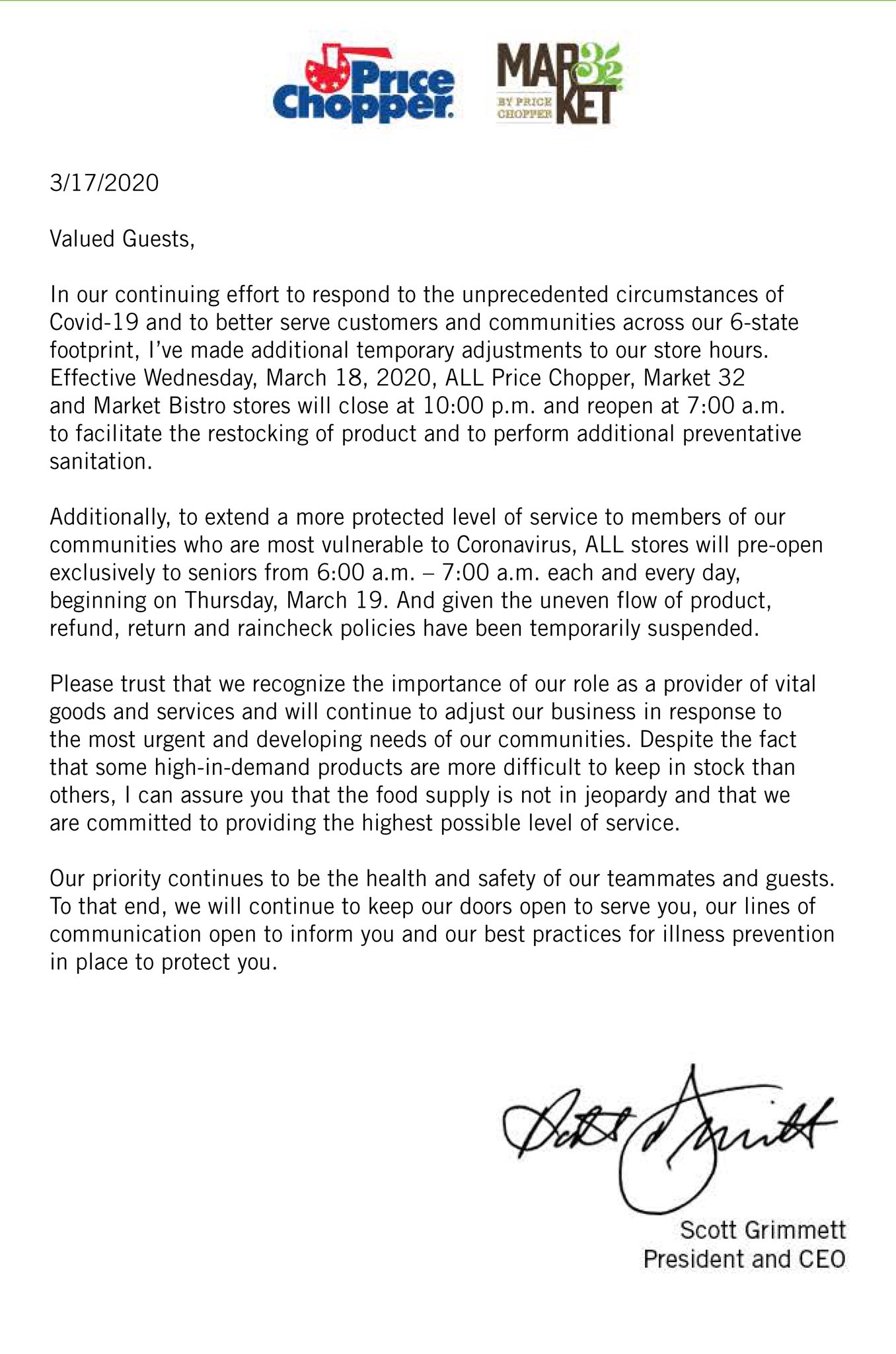 Price Chopper Market 32 On Twitter Please Read This Important Message From Price Chopper Market 32 President And Ceo Scott Grimmett