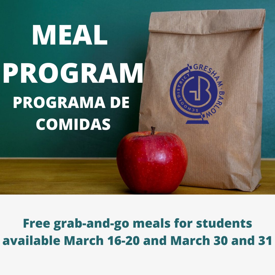 The Gresham-Barlow District is serving free “grab and go” meals for students at eight locations throughout the district from March 16-20 and March 30 and 31. To learn about locations and times, call our hotline at 503-258-4730 or visit:  bit.ly/3aHxBYh