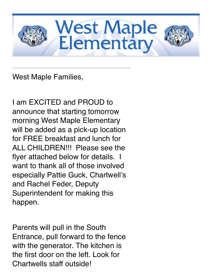 West Maple Elementary will be added as a pick-up location for FREE breakfast and lunch for ALL CHILDREN starting tomorrow (March 18) morning!!! <a href="/WestMapleEle/">WestMapleEle</a>