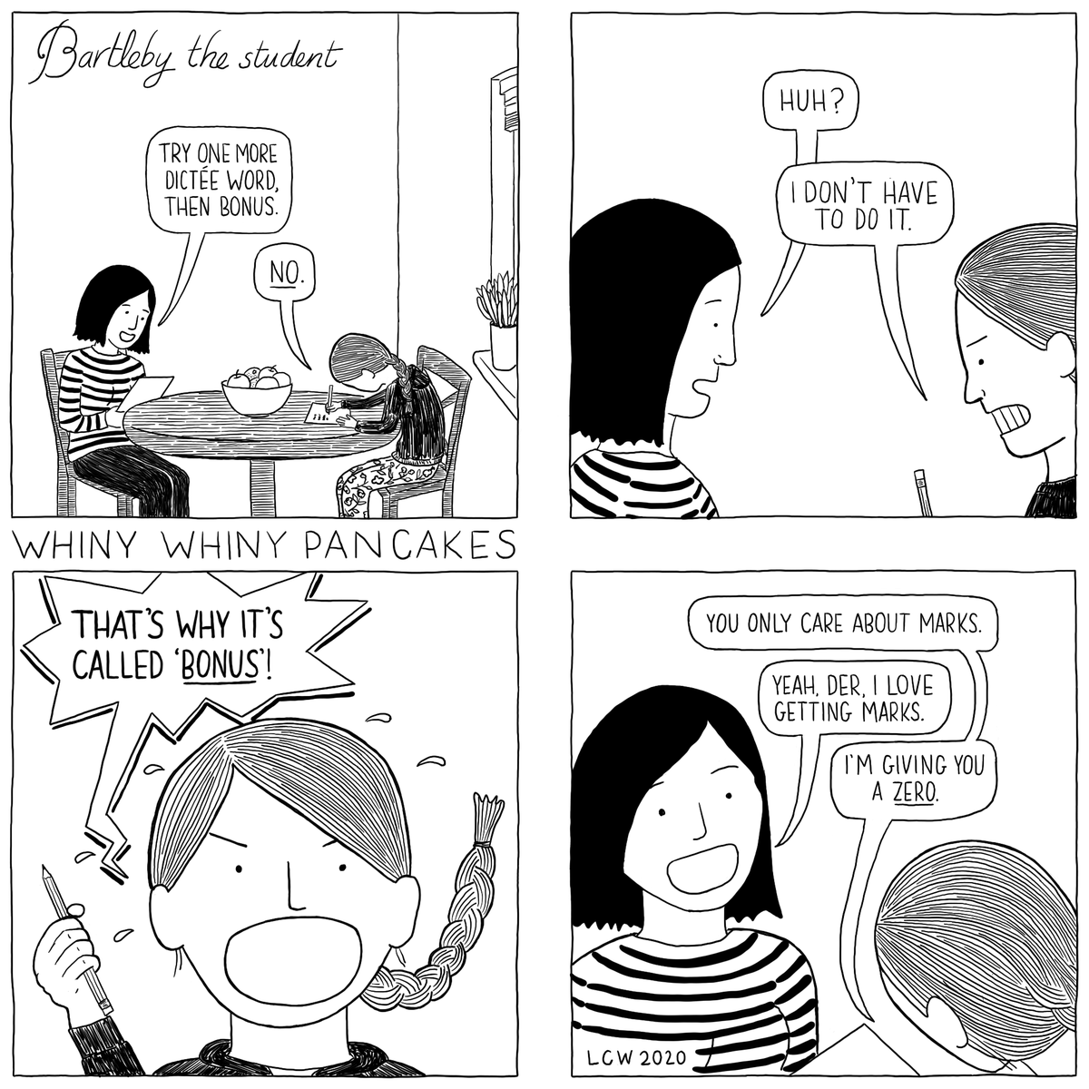 They just cancelled school indefinitely today, and I have no idea how to motivate the children when they’ll think that everything is “bonus”. Ack!
#whinywhinypancakes #webcomic #frenchimmersion