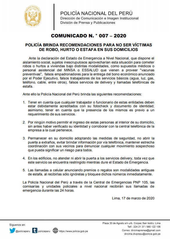 PoliciaPeru's tweet photo. #PNPInforma📢| Comunicado N. º 007-2020

Entérate más aquí:
📎https://t.co/wJTAtkZC38 https://t.co/54U1ykuTAW