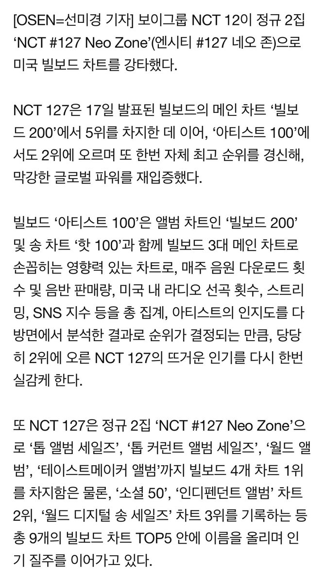 ᴶ Mi8 0318 Nct 127はビルボードのメインチャート ビルボード0 5位獲得に続き アーティスト 100 でも2位に上がり 再び自己最高順位を更新 アーティスト100は アルバムチャートのビルボード0とソングチャートのホット100とビルボード3大メイン