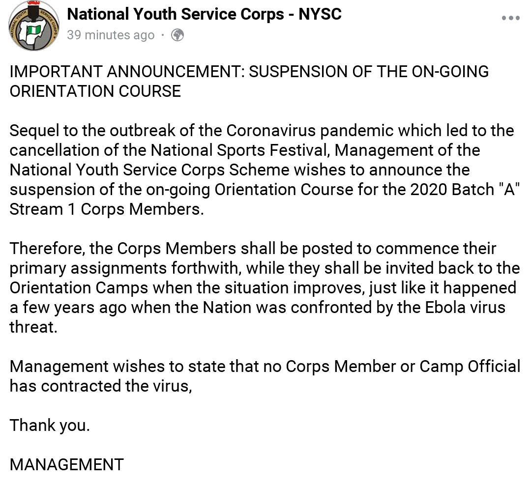Just in: Nysc suspend the ongoing orientation due to coronavirus.