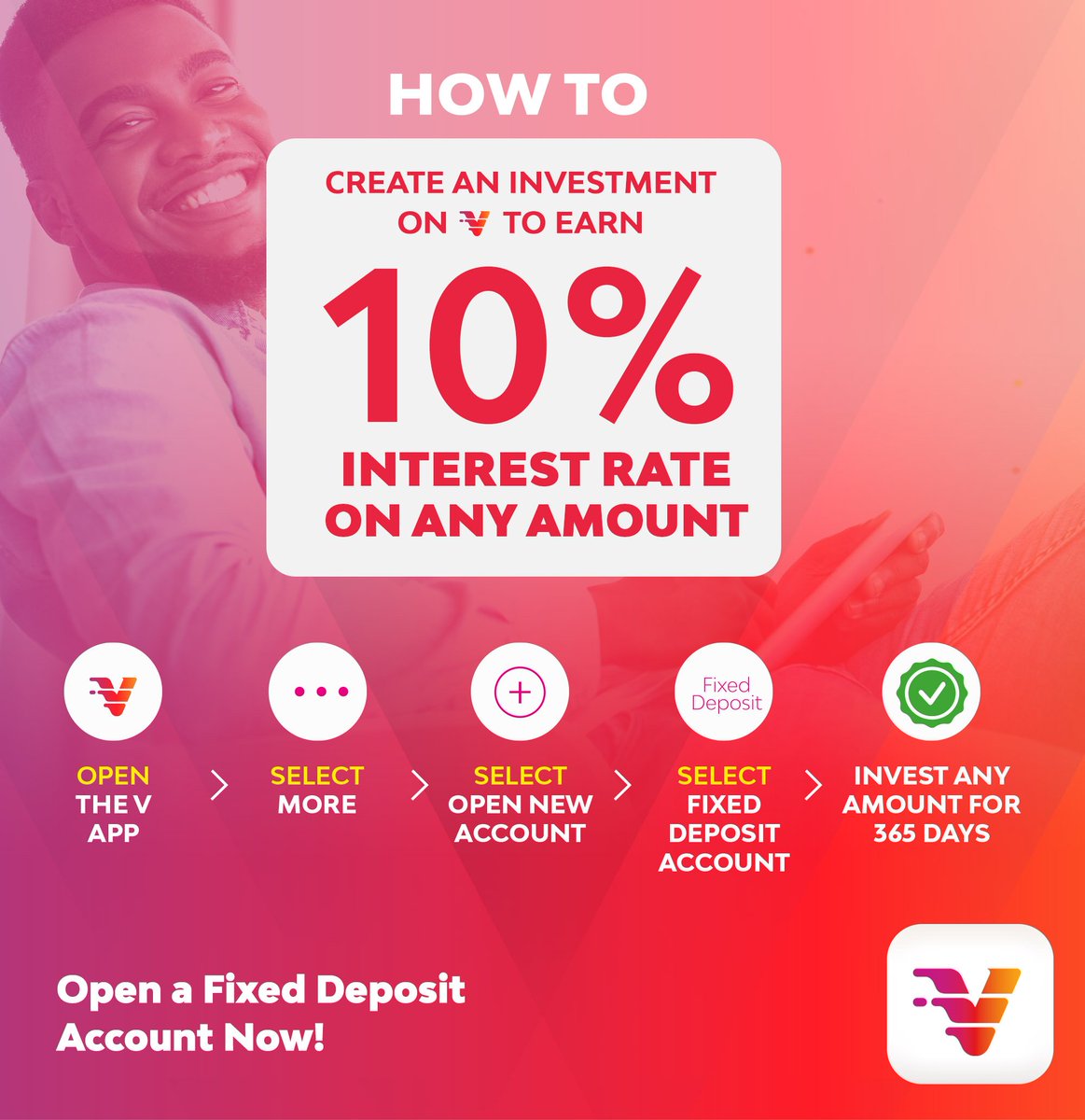 YES! You can still get up to 10% interest on any amount you invest #OnlyonV.

It is - Seamless. Fast. Secure. Easy to set up.
No paperwork and absolutely no hidden charges.
Just #DownloadVbyVFD, fund your account and set up your Fixed Deposit account. #InvestOnV