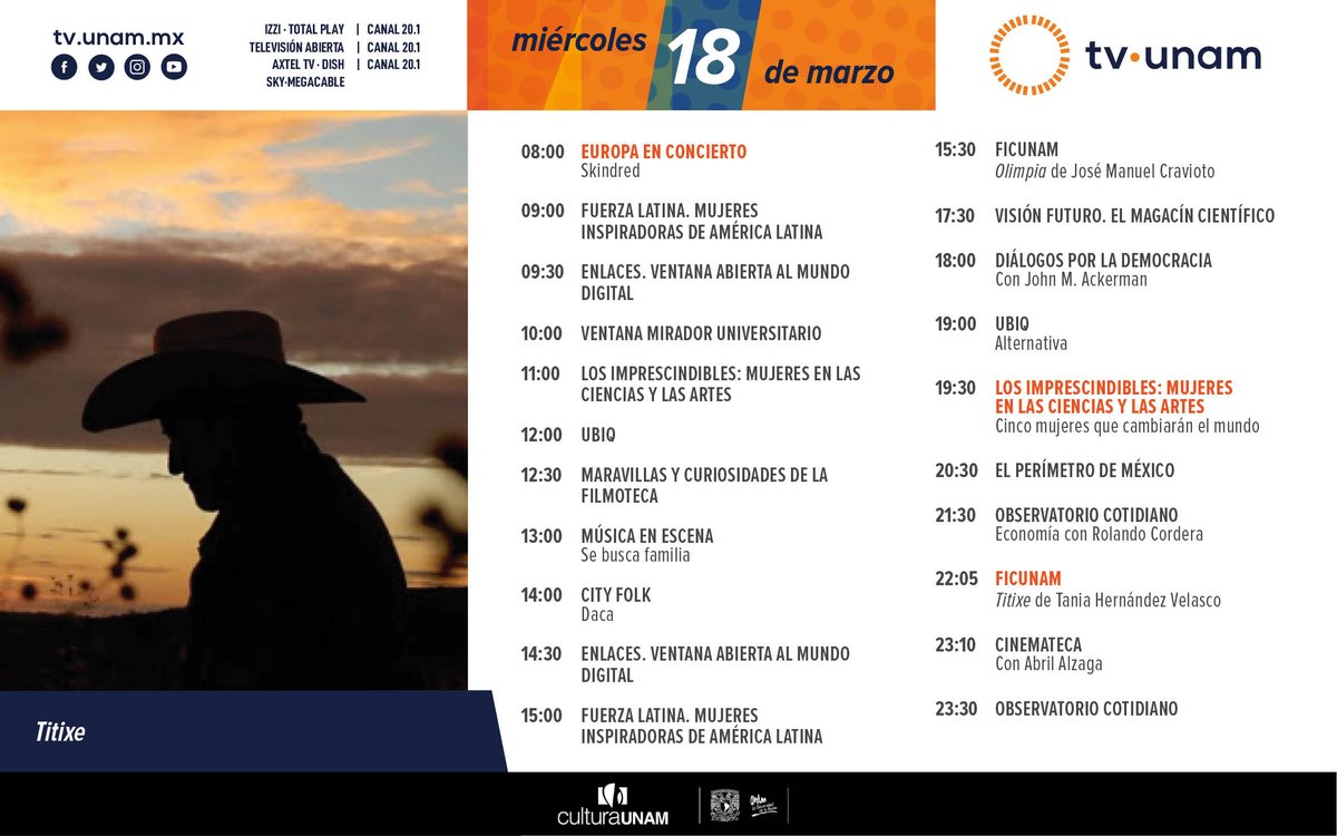 Todo lo que tenemos para pasar un #felizmiércoles: un poco de música🎺, #MaravillasyCuriosidades📽, #DiálogosPorLaDemocracia🤜🏼, ciclo #LosImprescindibles👩🏻‍🔬👩🏻‍🚀, <a href="/PerimetroMX/">Perímetro de México</a>🚘, #ObservatorioCotidiano📊 y #CicloFICUNAM.🎥