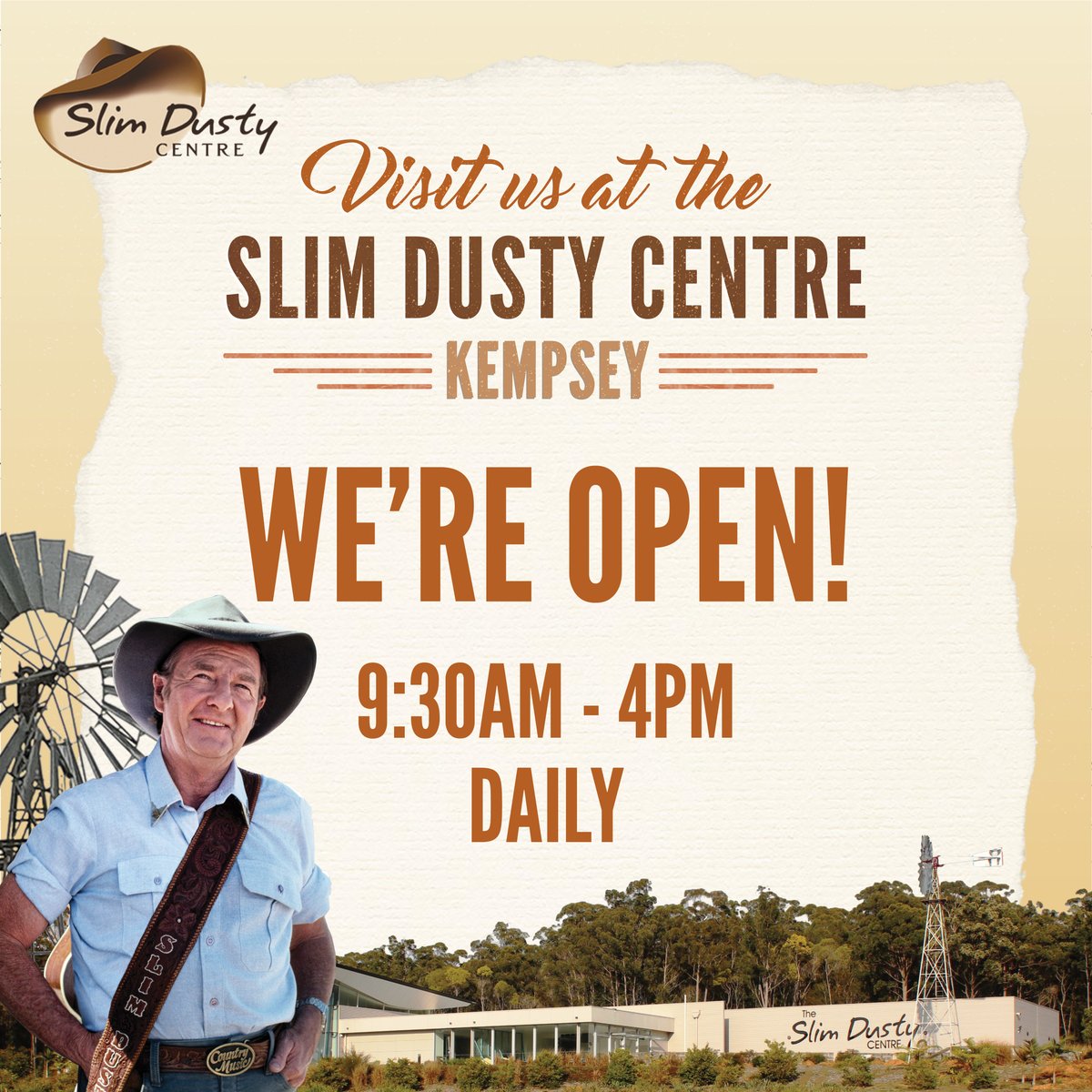 The Slim Dusty Centre is open daily from 9:30am - 4pm as per usual business hours. We are maintaining all regulations regarding hygiene to provide a safe enjoyable visit at our museum, cafe and gift shop. 

We will keep patrons informed as soon as possible if anything changes.