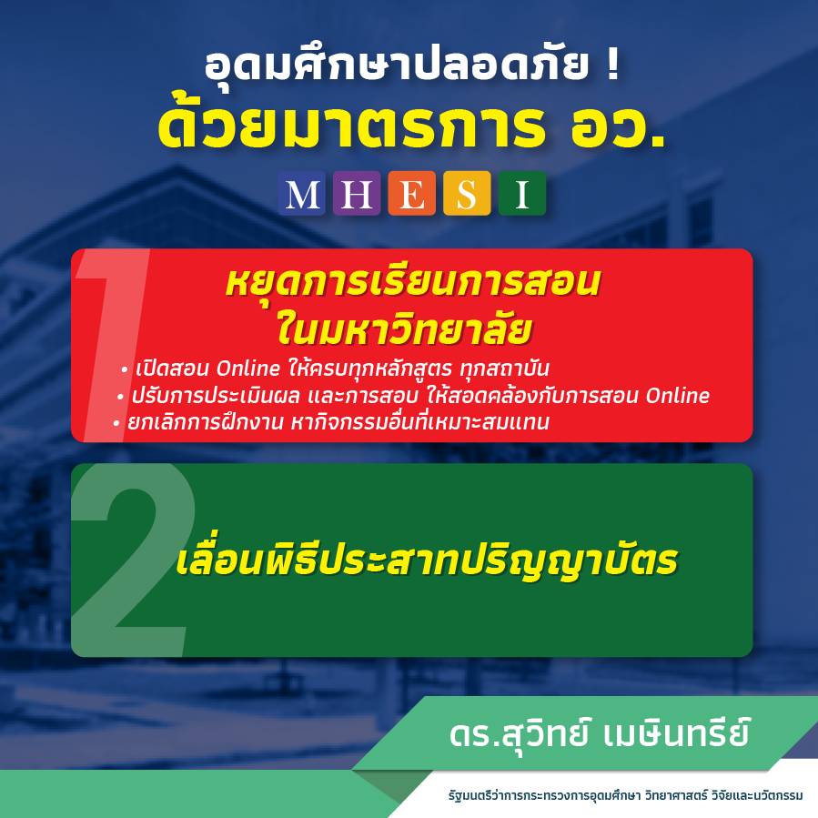 Dr_Suvit's tweet photo. เมื่อวานผมออกประกาศ 3 ฉบับเรื่องการให้มหาวิทยาลัยทุกแห่งหยุดการเรียนการสอนแบบปกติแล้วปรับเป็นออนไลน์ทั้งหมด, การเลื่อนพิธีประสาทปริญญาบัตร และ Work from Home ของบุคลากรในสังกัด อว. โดยไม่มีผลกระทบต่อการบริการประชาชนครับ
#เราจะผ่านวิกฤตินี้ไปด้วยกัน  #COVID2019 #covid #COVID19 https://t.co/Md5HtSesgY