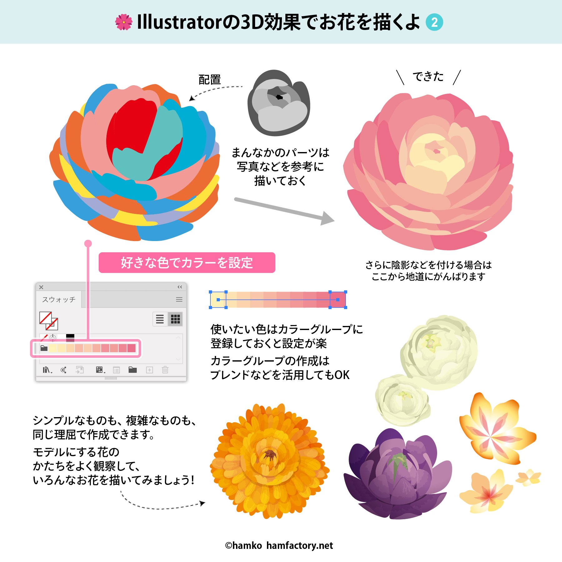 Hamko Illustratorの3d効果を使ってお花つくるとこ撮ってみました 早回しなので雰囲気だけ 慣れてくると1個10 15分くらいで作れます さっきの花束みたいなのも いろんなアングルやカラーでバリエーションを作って使ってますよ イラレ知恵袋