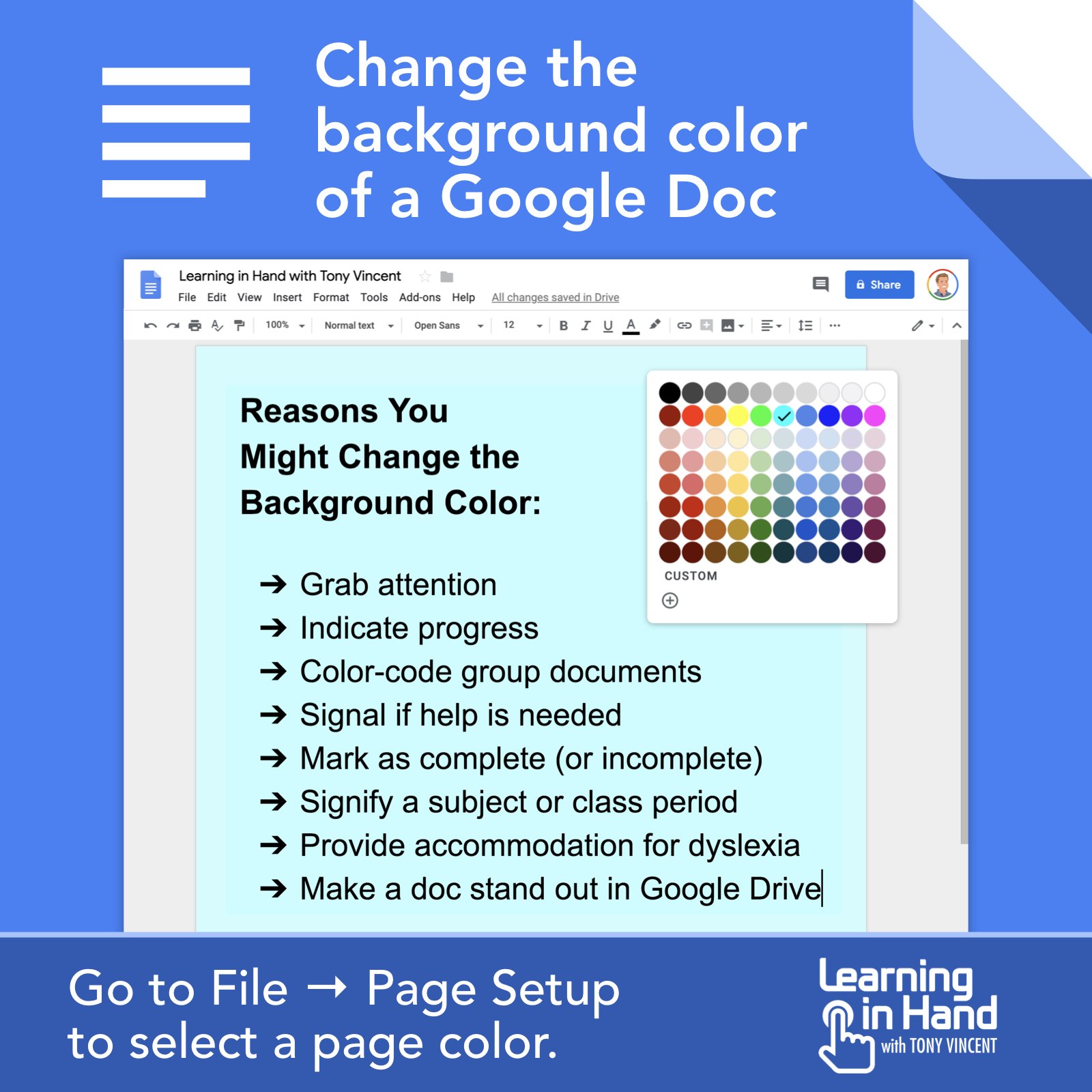 Tony Vincent The Background Color Of Your Google Doc Doesn T Have To Be White There Are Some Good Reasons Teachers And Students Might Change The Background Color T Co Ku8rxdooo7