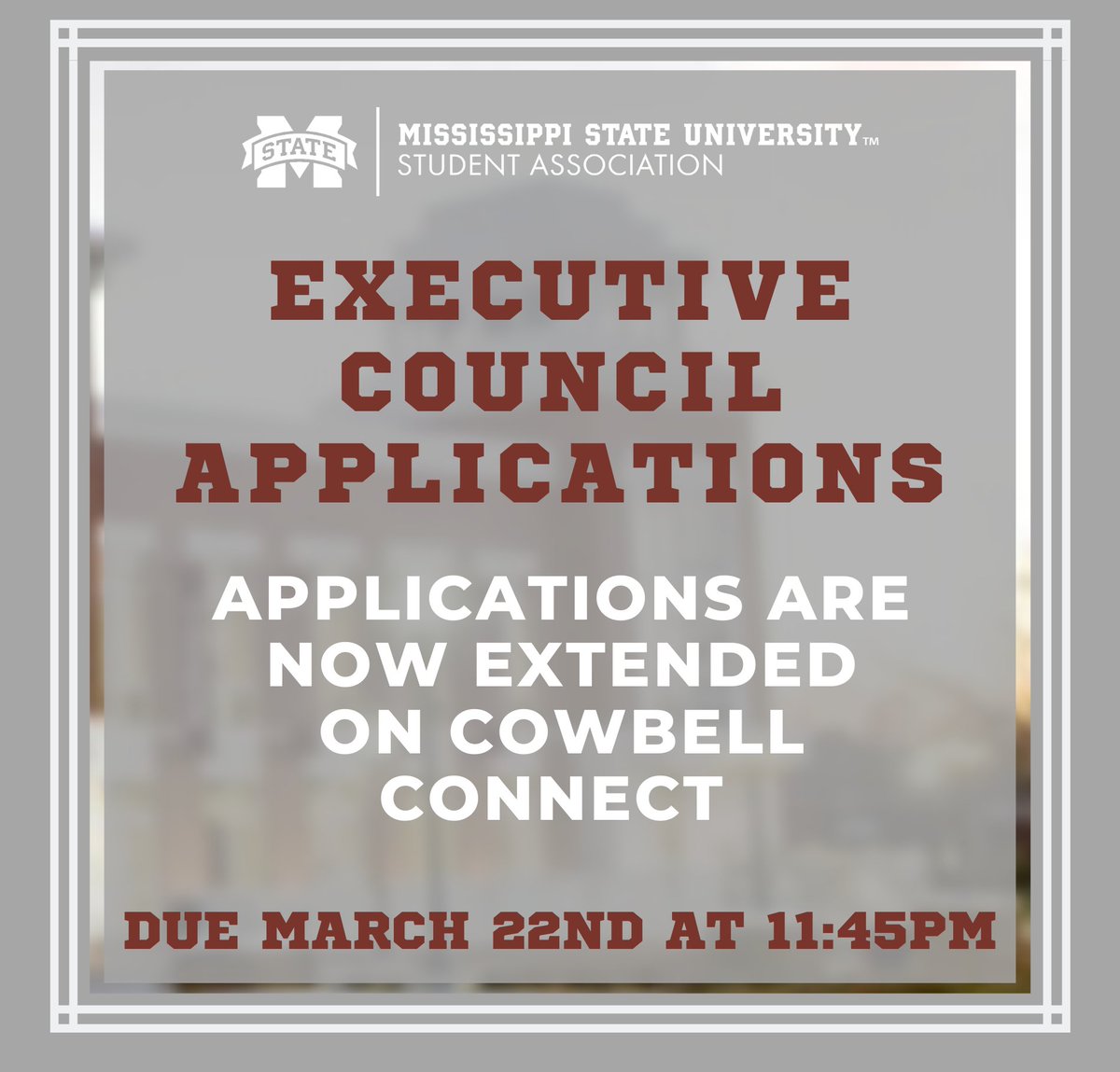 ATTN: Executive Council Appointed Positions are open until this Sunday at 11:45PM on Cowbell Connect. The interview process will be online due to COVID-19. Further, due to the rescheduling of the timeline, we are asking everyone that has already applied, to re apply again.