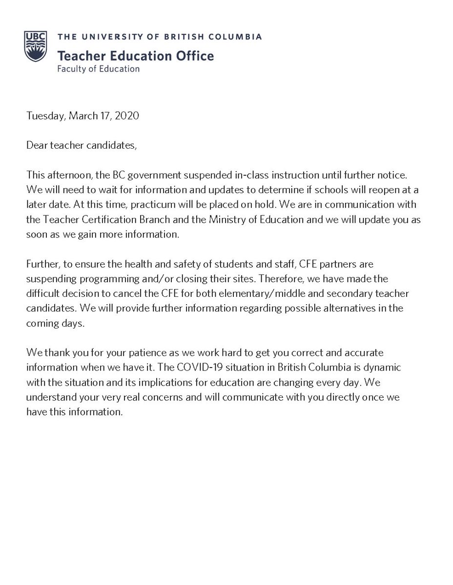 Our message sent to teacher candidates today in response to the BC government's announcement regarding the suspension of K-12 in-class instruction #UBCBEd2020