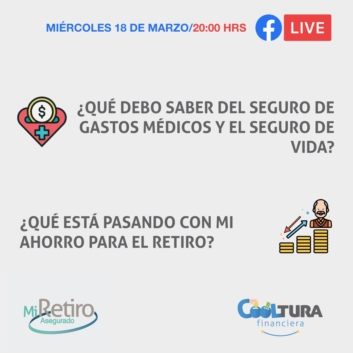 coolturafin's tweet photo. Ojalá puedan apartarse un ratito para ver esta transmisión en vivo en dónde platicaremos con @mi_retiro acerca de lo que debemos saber del Seguro de Gastos Médicos Mayores, Seguro de Vida y sobre lo que está sucediendo con los ahorros administrados por las AFORES. https://t.co/g9EtPpUf6S