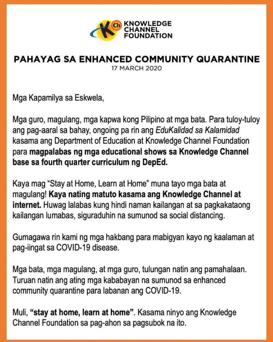 ABSCBNpr's tweet photo. Mag- #StayAtHomeLearnAtHome  kasama ang Knowledge Channel. @kchonline https://t.co/SKAbxGqbXs