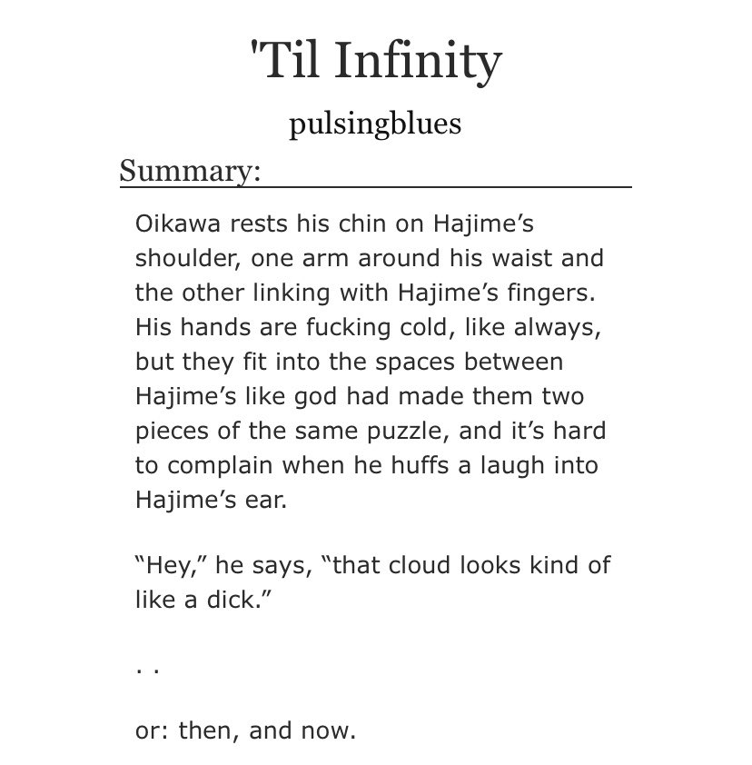 actually the *CUTEST* freaking story of past and present iwaoi little iwaoi? ADORABLE. repetition of mismatched socks? CUTE. sunset scene? BEAUTIFUL. ladybugs? AAAAAAAAAAA. domestic iwaoi? GIVE IT TO ME. I AM UGLY (HAPPY) CRYING!!!!!  https://archiveofourown.org/works/23178322 