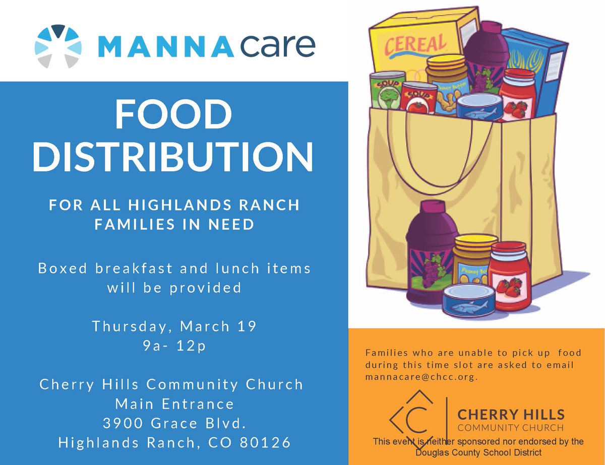 Boxed breakfast and lunch items will be provided to Highlands Ranch families in need by Manna Care this Thursday, March 19.