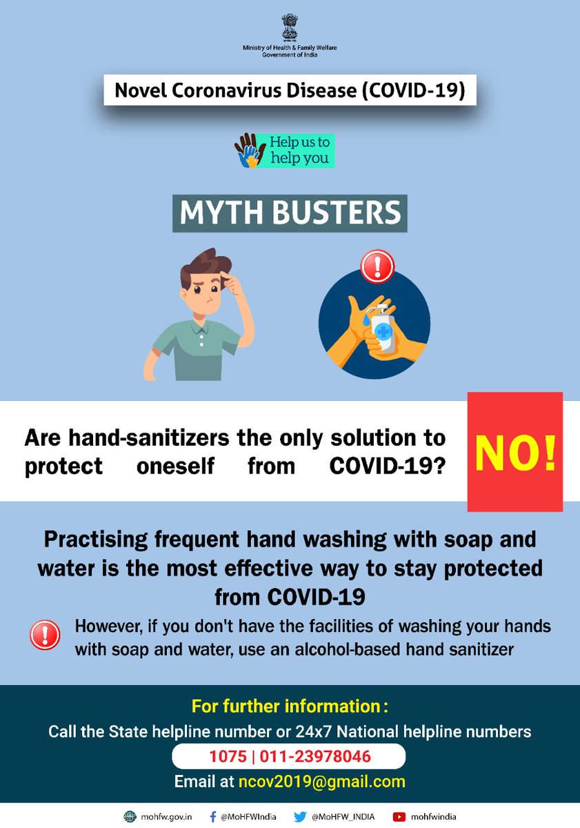 MoHFW_INDIA's tweet photo. Busting the #COVID19 Myths! 

Practising frequent hand washing with soap and water is the most effective way to stay protected from #COVID19!

Share this information and help us to help you! 
#IndiaFightsCorona #SwasthaBharat #HealthForAll https://t.co/EVzvw4cRBV