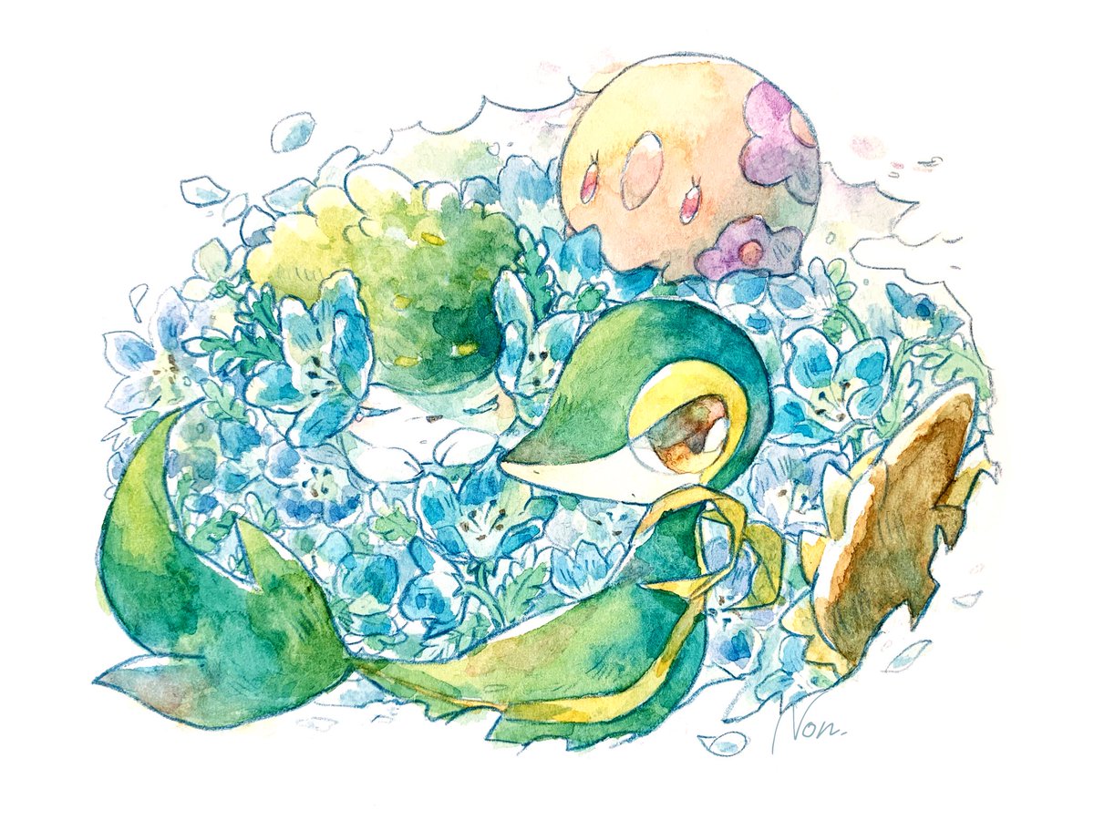 pokemon (creature) no humans flower closed mouth blue flower closed eyes smile  illustration images